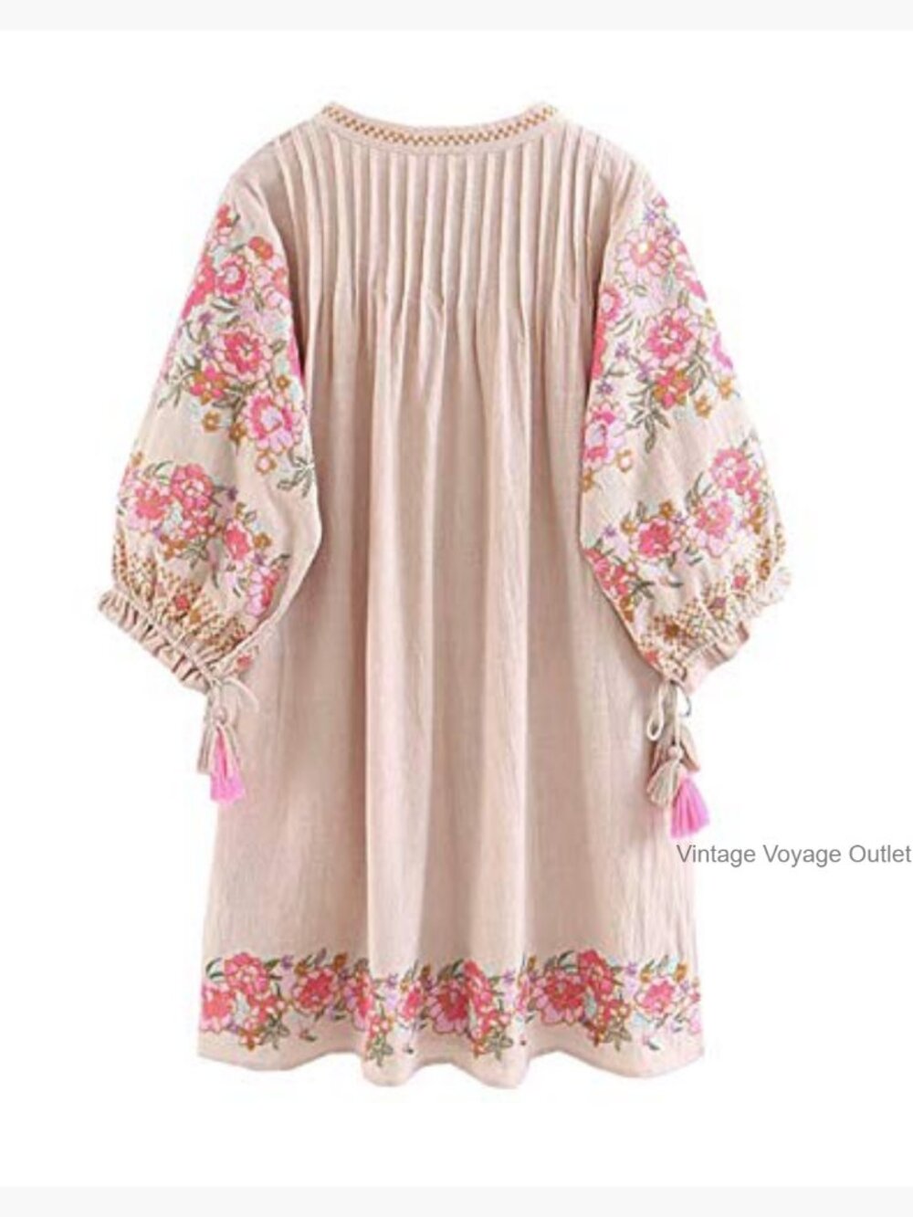 Cotton Mini Dress with Floral Embroidery 3/4 Sleeve Loose Fit - Picture 3 of 7